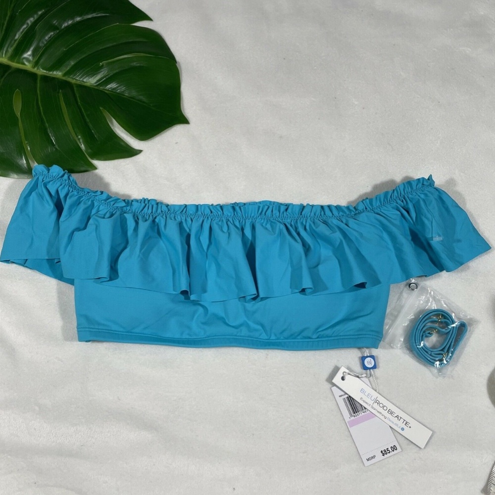 NWT $85 Bleu‎ Rod Beattie [ 6 ] Ruffle Me Bandeau Bikini Top in Laguna Teal